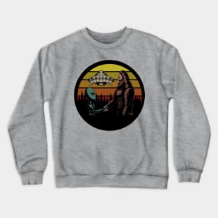 Bigfoot and Alien UFO Conspiracy with Retro Sunset Crewneck Sweatshirt